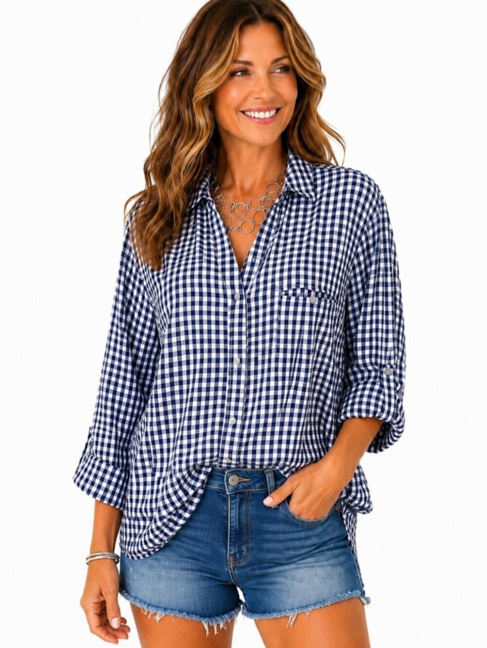 Kut From The Kloth XXL Blue White Gingham Button Front Roll Tab Stretch Shirt